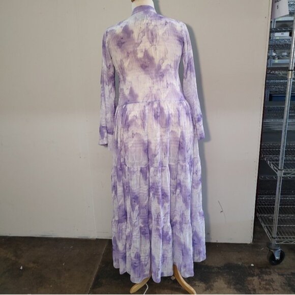 Bambah Purple White Tie Dye Pattern Chiffon Long Sleeve Maxi Dress XL? - Picture 4 of 9